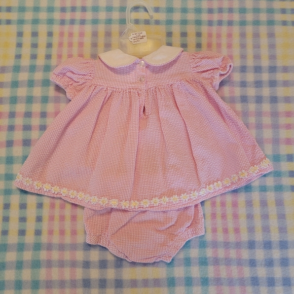 BRIGHT FUTURE ♡ Vintage 2pc Pink|White Daisy Floral Seersucker Dress Outfit 0-3M - Picture 11 of 15